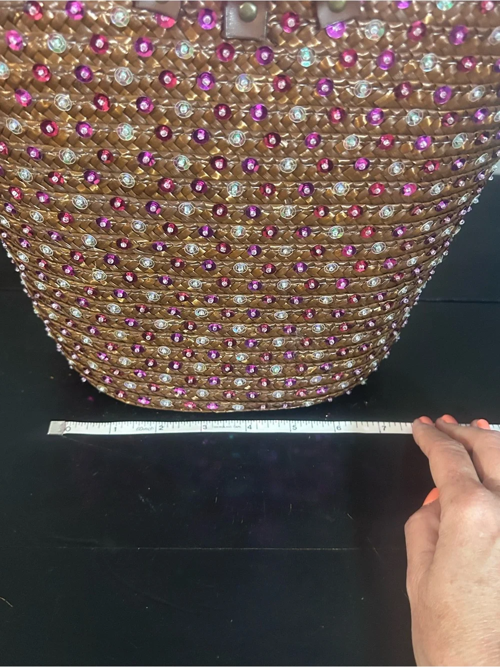 Victoria’s Secret Rhinestone Straw Tote Wooden Handles Pink Lined Beach Bag